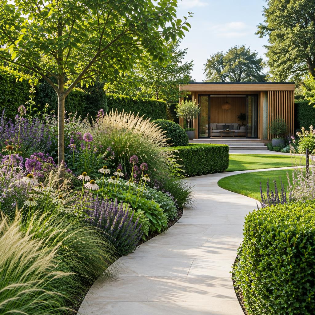 Contemporary garden with curved stone paths and lush planting