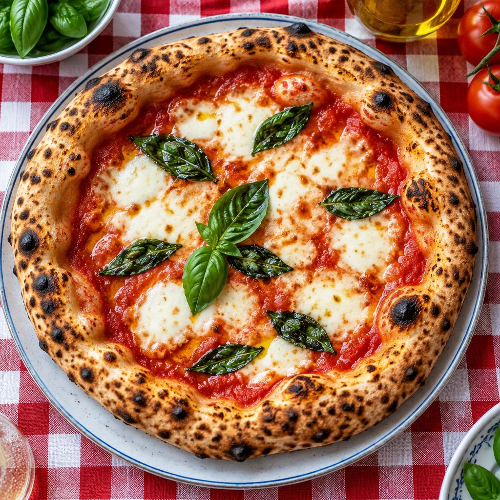 Wood-fired margherita pizza with fresh basil
